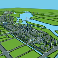 Aerial View Urban Planning Featuring River Green Spaces Road Network And Building Layout