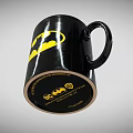 Glossy Black Ceramic Coffee Mug Featuring Yellow Batman Logo Artwork 3d model