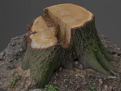 Arbor Tree Stump Showing Cut Surface Exposed Roots And Wooden Texture In Natural Environment 3d model