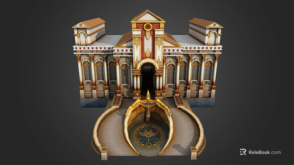 Cartoon Scene Of Ornate Building With Symmetric Design Central Fountain And Gold Red Accents 3d model 