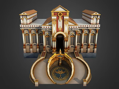 Cartoon Scene Of Ornate Building With Symmetric Design Central Fountain And Gold Red Accents 3d model