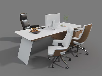Modern Office Desk With Computer Monitor Comfortable Chairs And Small Plant On Tabletop 3d model