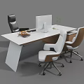 Modern Office Desk With Computer Monitor Comfortable Chairs And Small Plant On Tabletop