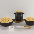 Black Ceramic Kitchen Cookware Set With Yellow Lids And White Serving Spoon 3d model
