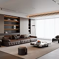 Elegant Modern Living Room Interior With Leather Sofa Coffee Table And Floor to Ceiling Windows