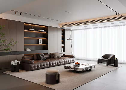 Modern Italian-style Living Room Without Main Light Living Room Sofa Coffee Table Combination Leather Sofa Dream Curtain Lawrence Sofa Bookcase Decorative Cabinet Sofa Background Wall 3d model
