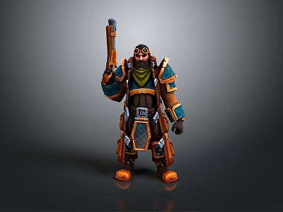 Female 3D Character in Orange Blue Armor with Goggles Holding Long Weapon on Gray Background 3d model