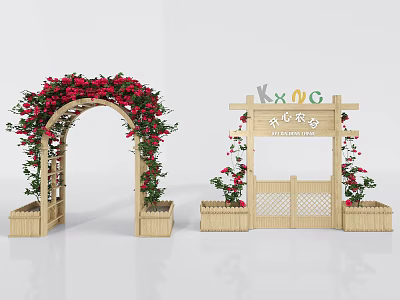 Wooden Farm Entrance Gate With Flower Arch Red Blooms And Green Plants 3d model