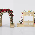 Wooden Farm Entrance Gate With Flower Arch Red Blooms And Green Plants