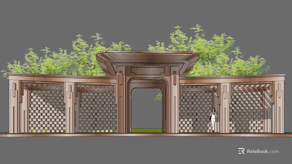 Modern Wooden Pergola with Lattice Fence Shade Roof and Lush Greenery 3d model 