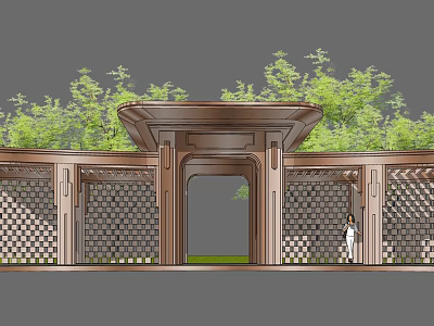 Modern Wooden Pergola with Lattice Fence Shade Roof and Lush Greenery 3d model