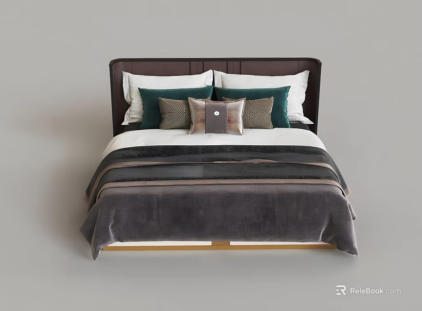 Modern Double Bed With Dark Headboard And Striped Bedding Pillows 3d model