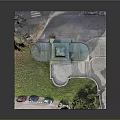 Detailed Architectural Model of Historic Pavilion with Green Lawn and Cars