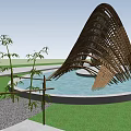 Modern Wooden Curved Pergola With Water Reflection Green Trees And Blue Sky