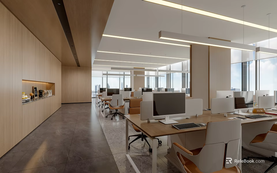 Modern Open Public Office Space With Work Desks Computer Monitors And Linear Pendant Lights 3d model