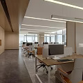 Modern Open Public Office Space With Work Desks Computer Monitors And Linear Pendant Lights 3d model