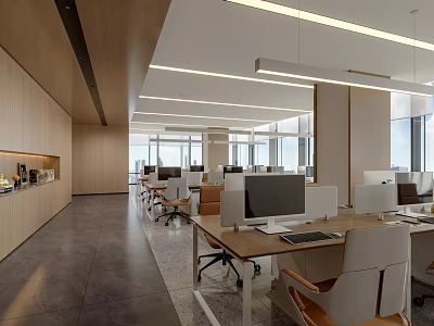 Modern Open Public Office Space With Work Desks Computer Monitors And Linear Pendant Lights 3d model