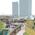 Modern Urban Plaza With Glass Canopy Tall Buildings Green Plants And Seating Areas