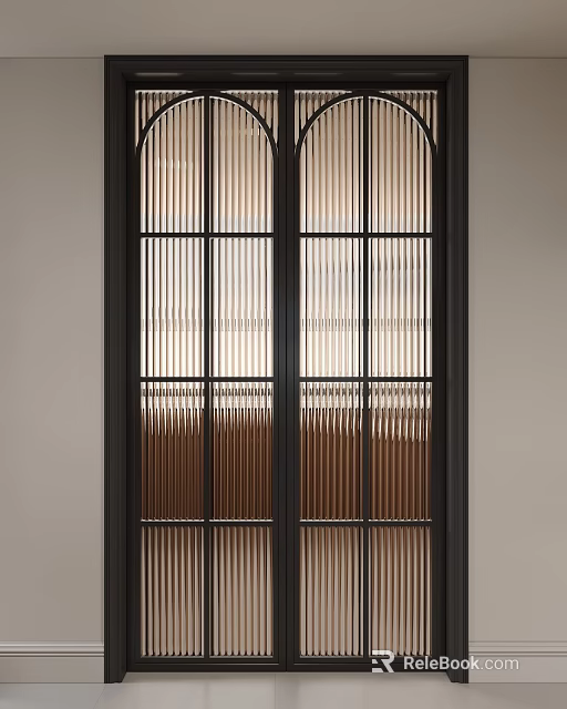 Modern Double Doors Design With Metal Frame Glass Panel Vertical Stripes Grille Interior Partition 3d model 