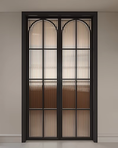 Modern Double Doors Design With Metal Frame Glass Panel Vertical Stripes Grille Interior Partition 3d model