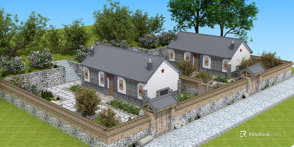 Traditional Chinese Garden Landscape With Gray Tiled Roofs White Walls And Stone Courtyard 3d model 