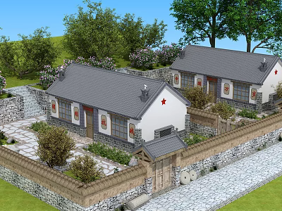Traditional Chinese Garden Landscape With Gray Tiled Roofs White Walls And Stone Courtyard 3d model