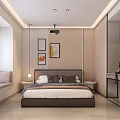 Modern Hotel Guest Room with Comfortable Bed Decorative Paintings Open Bathroom and Nightstand Lamp