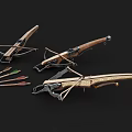Three Vintage Crossbows With Wooden Handles Metallic Frames And Colorful Arrows