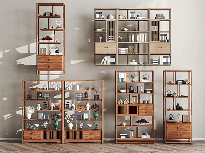 Wooden Display Shelves with Multiple Compartments in Modern Home Interior Showcasing Books Decorative Items 3d model