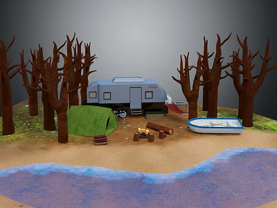 Garden Landscape With Bare Trees RV Green Tent Campfire And Boat Near Water 3d model