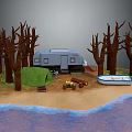 Garden Landscape With Bare Trees RV Green Tent Campfire And Boat Near Water