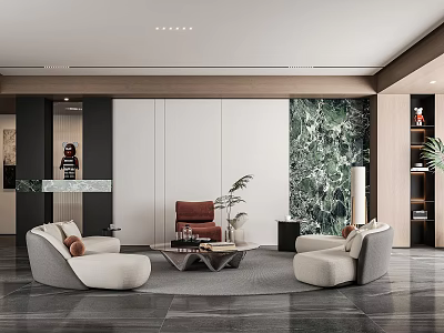 Modern Luxury Living Room Featuring Stylish Marble Accent Wall And Soft Curved Fabric Sofas 3d model