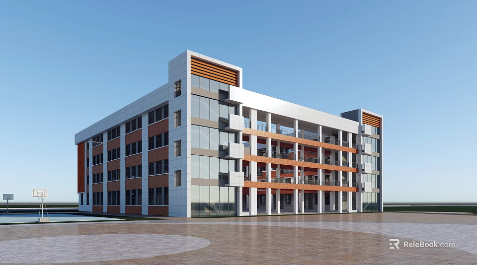 Modern School Building Exterior With Glass Curtain Walls Orange Accents And Spacious Plaza 3d model 
