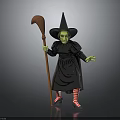 Witch Character With Pointed Hat Green Skin Black Patterned Dress Striped Stockings And Wooden Staff