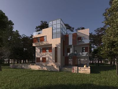 Modern Detached Villa With Glass Structure And Balconies Surrounded By Trees And Grass 3d model