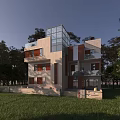 Modern Detached Villa With Glass Structure And Balconies Surrounded By Trees And Grass