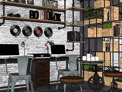 Stylish Office Interior With Brick Wall Vinyl Records Wooden Shelves And Green Plants 3d model