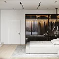 Modern Bedroom Interior Design With Rock Texture Wall Bed Hanging Lights And Bedside Tables