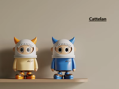 Two Yellow And Blue Horned Cattelan Dolls With Striped Outfits RUE On Wooden Shelf 3d model