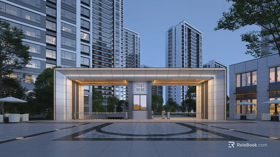 Modern High rise Residential Building With Illuminated Entrance And Landscaped Square 3d model 