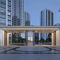 Modern High rise Residential Building With Illuminated Entrance And Landscaped Square