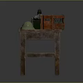 Vintage Household Items Display on Wooden Table with Old Radio Metal Container Hat and Lamp