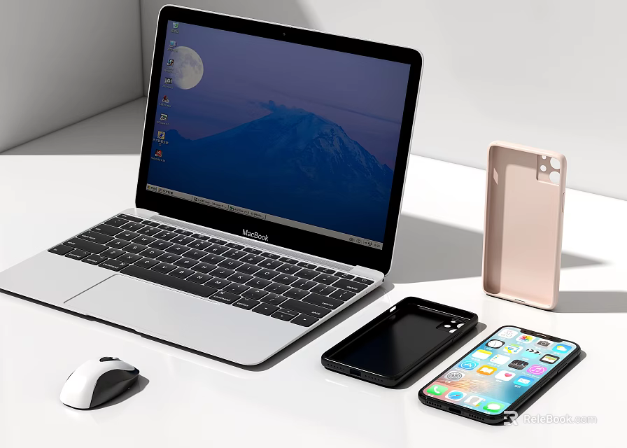 Laptop With Mouse And Two Smartphones On White Desk 3d model