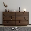 Modern Wooden Entryway Cabinet Sideboard With Curved Design Decorative Vases Lamp And Books