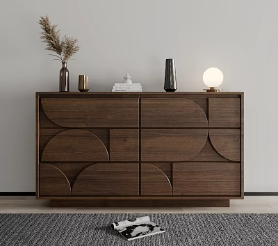 Modern Wooden Entryway Cabinet Sideboard With Curved Design Decorative Vases Lamp And Books 3d model