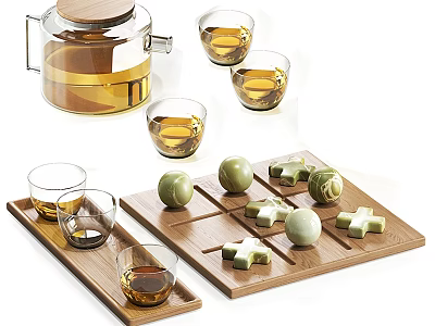 Glass Teapot With Wooden Lid And Glass Cups On Wooden Trays With Green Tea Snacks 3d model