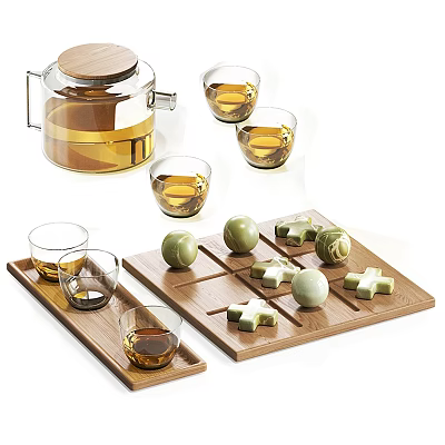 Glass Teapot With Wooden Lid And Glass Cups On Wooden Trays With Green Tea Snacks 3d model