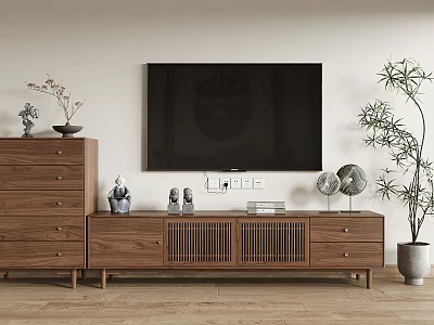 Modern Wooden TV Stand In Living Room With Decorative Items Books And Potted Plant 3d model