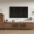 Modern Wooden TV Stand In Living Room With Decorative Items Books And Potted Plant
