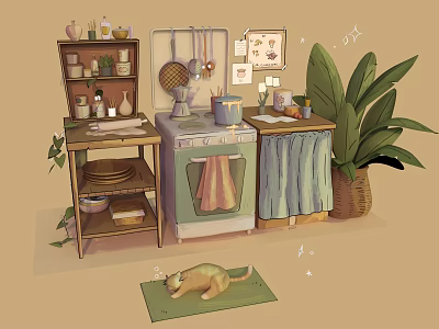 Cartoon Kitchen Scene with Oven Shelf Dishes Plant and Cat on Mat 3d model